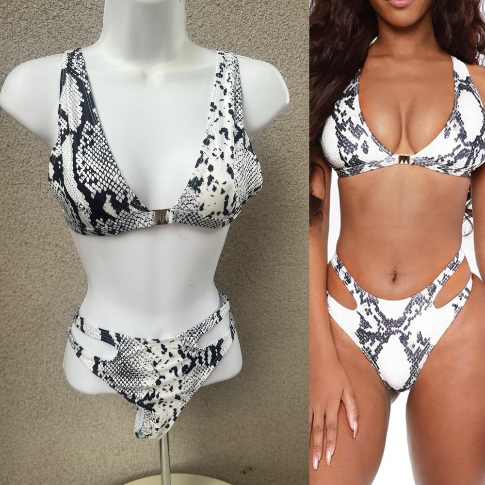 New bikini swimwear 2 piece cut outs snake print black white Sz XS.